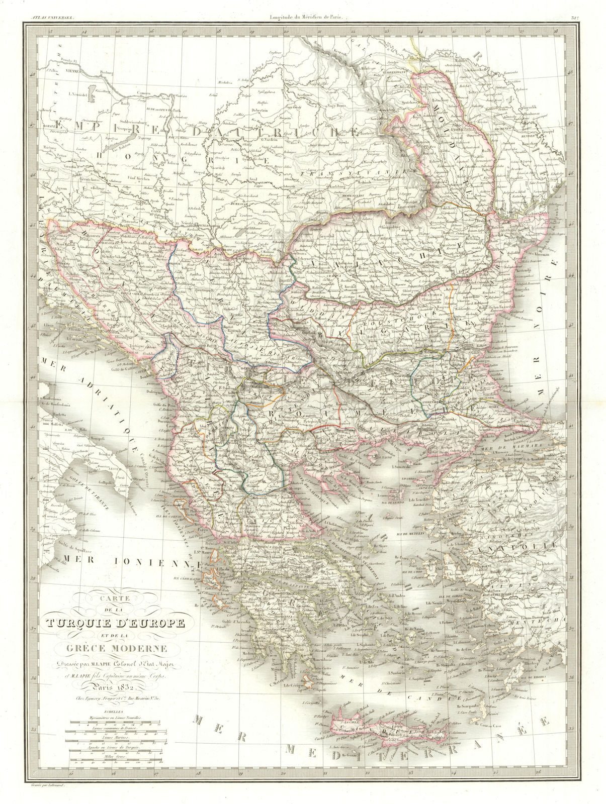 Carte de la Turquie d'Europe & Grèce moderne. Balkans & Greece. LAPIE 1832 map